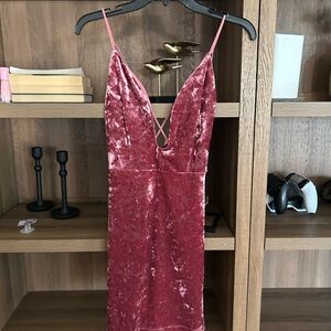 Velvet Slip Dress with Deep V - Rose Pink